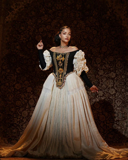 Elegant Black and Gold Habesha Dress: Sophisticated Corset-style Habesha Traditional Dress