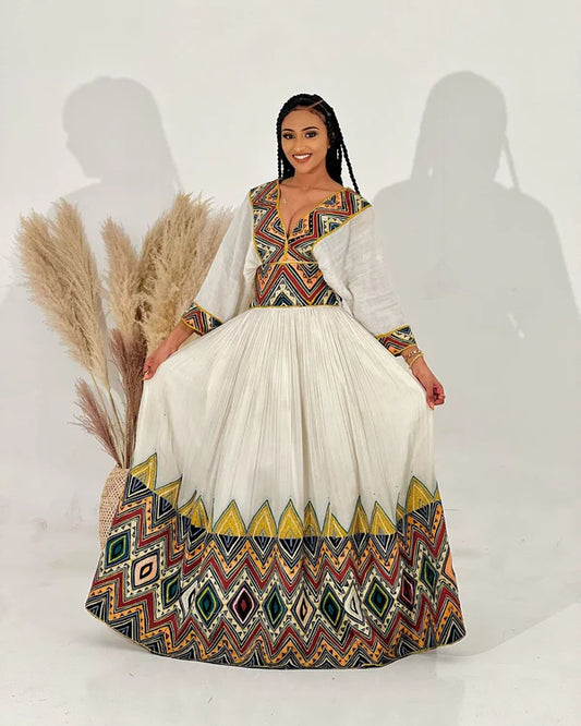 Vibrant Habesha Kemis features captivating designs and is ideal for cultural events and celebrations
