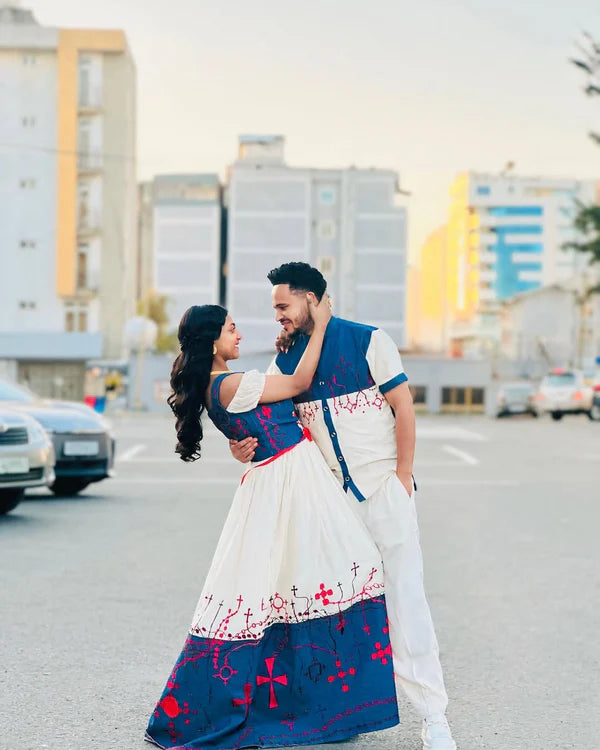Elegant Red and Blue Habesha Couples Outfit: Stunning Matching Habesha Couples Attire