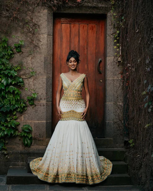 Exquisite Golden Matching Ethiopian Couples Wedding Outfit