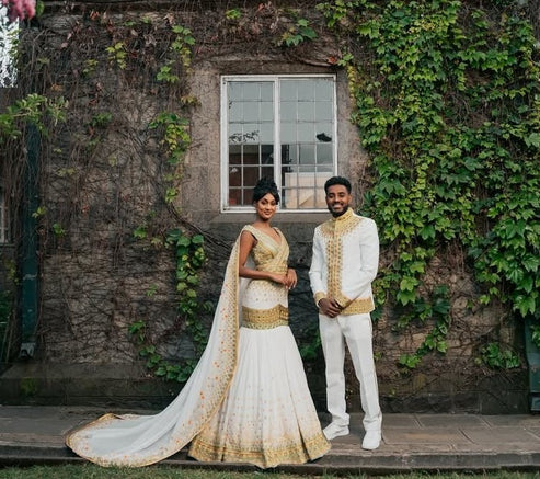 Exquisite Golden Matching Ethiopian Couples Wedding Outfit