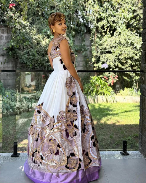 Glorious One Sleeve Purple Habesha Dress: Dark and Shimmering Cultural Embroidery