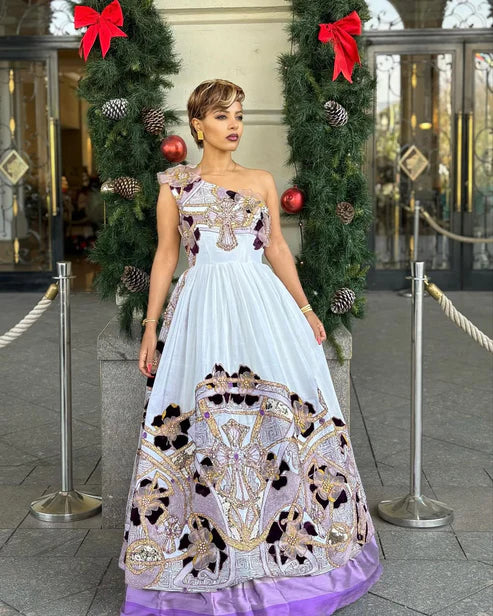 Glorious One Sleeve Purple Habesha Dress: Dark and Shimmering Cultural Embroidery