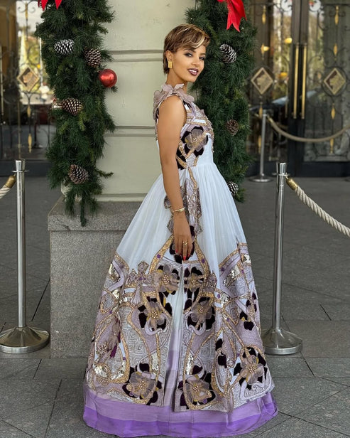Glorious One Sleeve Purple Habesha Dress: Dark and Shimmering Cultural Embroidery