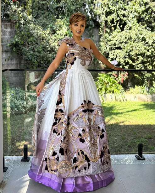 Glorious One Sleeve Purple Habesha Dress: Dark and Shimmering Cultural Embroidery