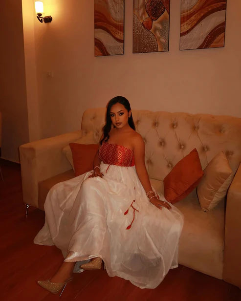 Contemporary Strapless Red Habesha Dress Simple Handknitted Embroidery