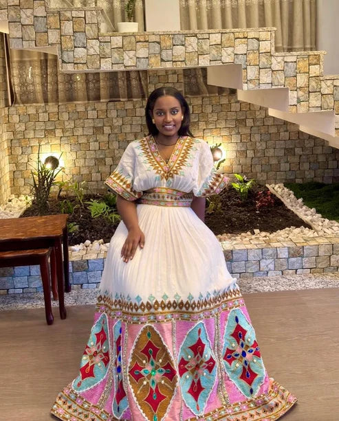 This exquisite Habesha dress beautifully showcases the richness of Ethiopian culture