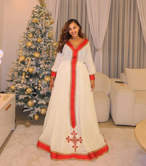 Radiant Red Habesha Dress: Handstitched Cross Embroidery.