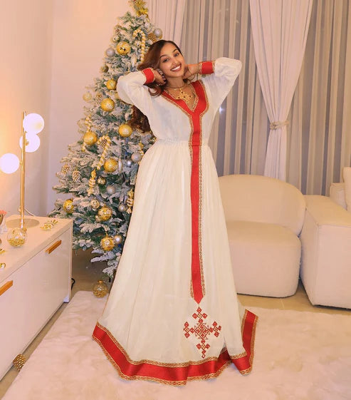 Radiant Red Habesha Dress: Handstitched Cross Embroidery.