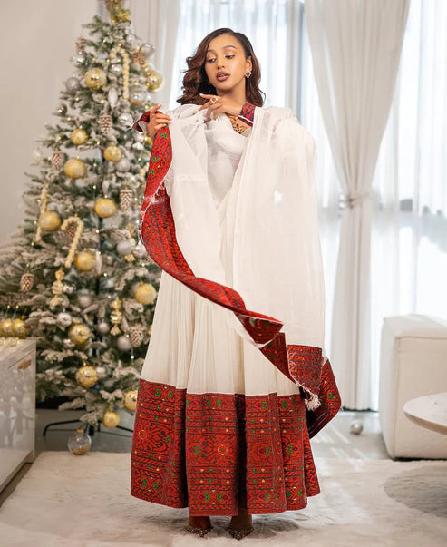 Dark Red Ethiopian Habesha Dress with Green Embroidery