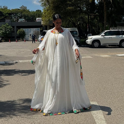 Beautiful Vintage White Habesha Dress: Thin Handmade Embroidery.