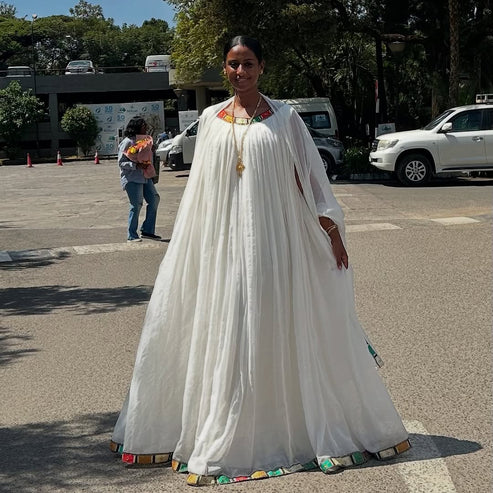 Beautiful Vintage White Habesha Dress: Thin Handmade Embroidery.