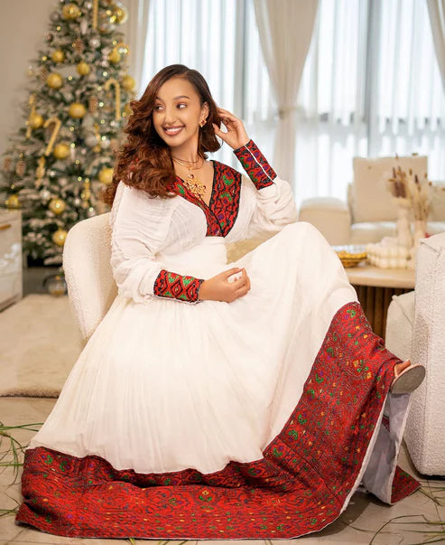 Dark Red Ethiopian Habesha Dress with Green Embroidery