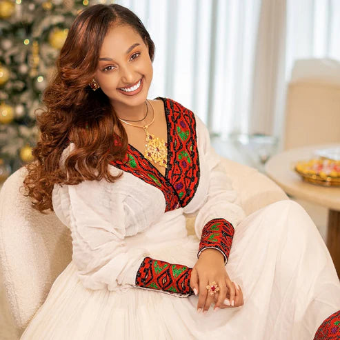 Dark Red Ethiopian Habesha Dress with Green Embroidery