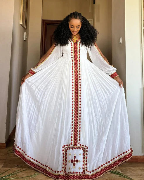 Excellent Embroidery Work on Red Habesha Dress