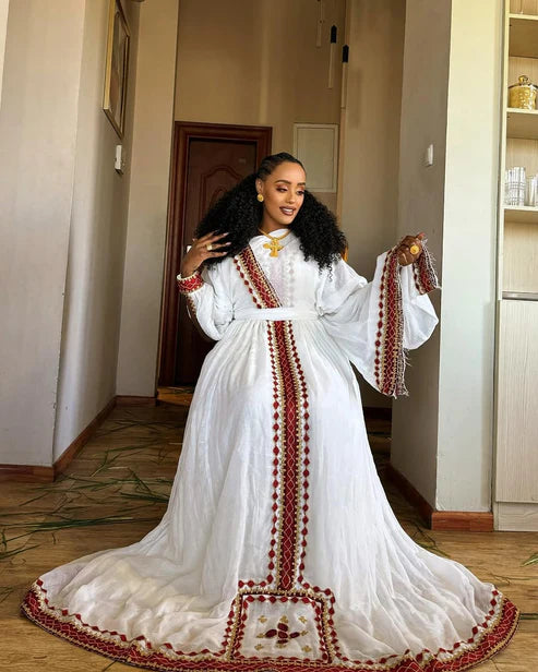 Excellent Embroidery Work on Red Habesha Dress