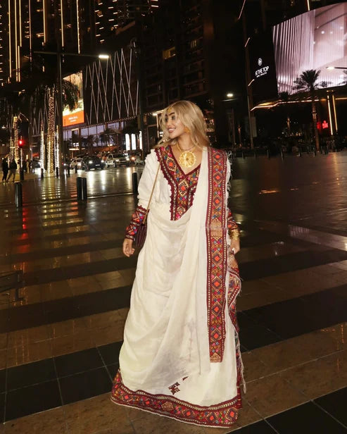 Dark Red Habesha Dress with Wide Tilet Embroidery
