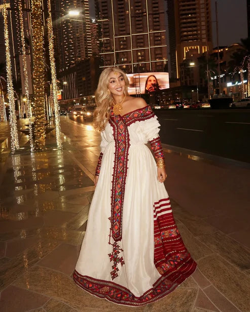 Dark Red Habesha Dress with Wide Tilet Embroidery