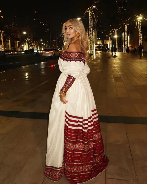 Dark Red Habesha Dress with Wide Tilet Embroidery