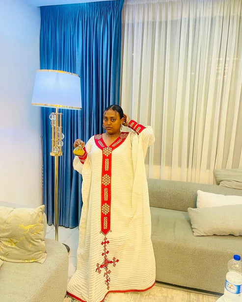 Timeless Cultural Red Ethiopian Dress: Golden Cross Embroidery.
