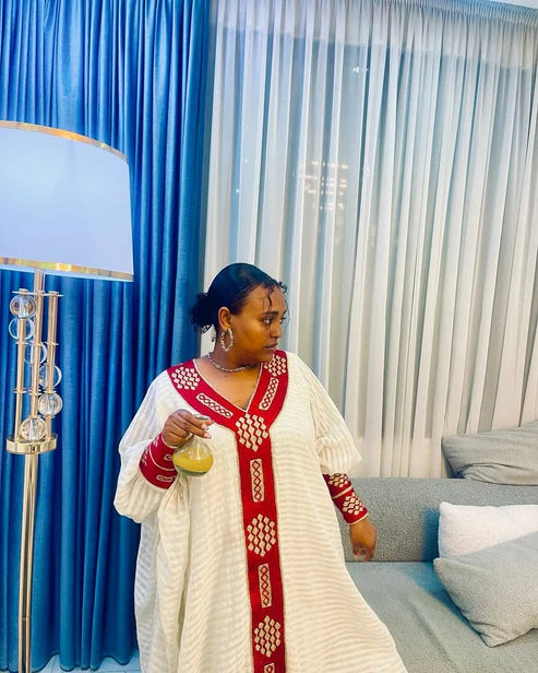 Timeless Cultural Red Ethiopian Dress: Golden Cross Embroidery.